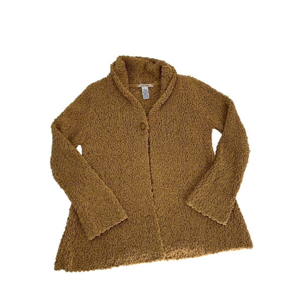 Free People Tan Knit Button-Up Cardigan Sweater Womens L Wool Blend cozy comfy